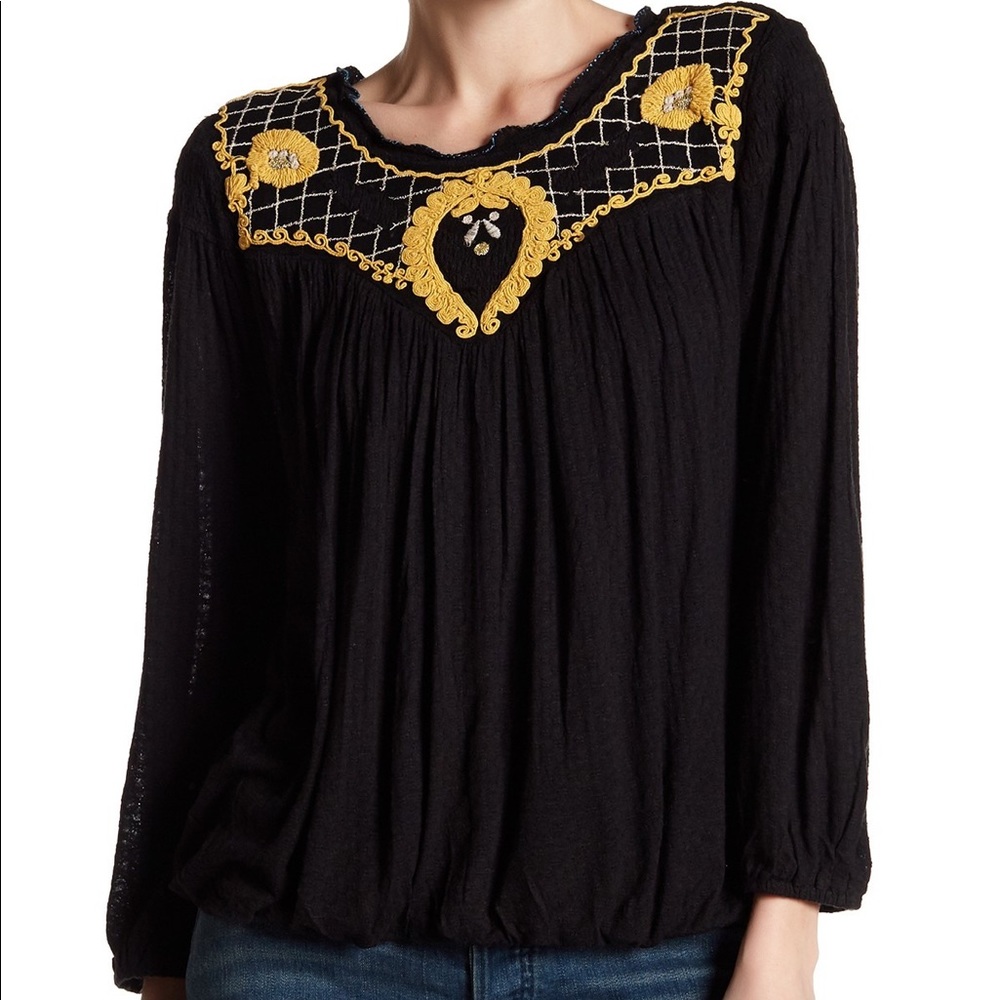 Free People Top Begonia Peasant Embroidered Black